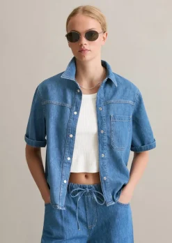 Jeansbluse regular mit recyeltem Leinen-Garn
