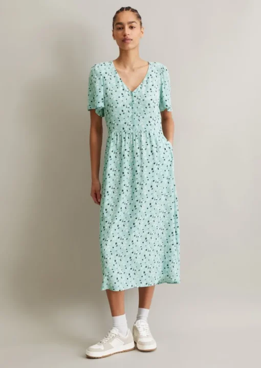 Kleid mit elastischer Taille flared aus fließendem Viskose-Crêpe