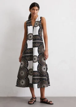 Leinenkleid flared mit Print-Muster