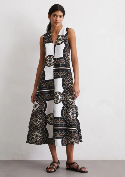 Leinenkleid flared mit Print-Muster