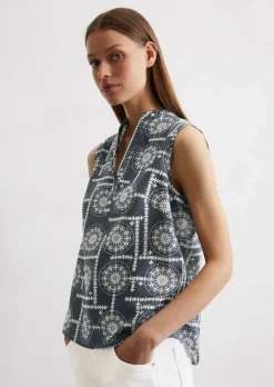 Ärmellose Print-Bluse flared aus leichtem Baumwoll-Voile